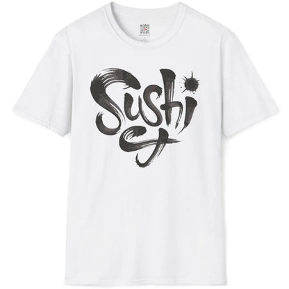 White flatlay featuring sushi text in bold brushstroke, creative artwork, simple letter style.
