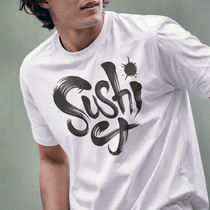 Male model in white t-shirt with sushi brushstroke art, heartfelt design, Japanese aesthetic clothes.