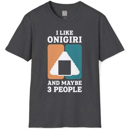 Dark heather flatlay with modern onigiri illustration and bold fonts, friendship theme, japanese t-shirts.
