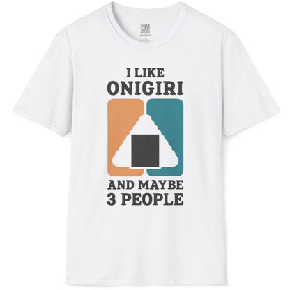 White t-shirt flatlay featuring playful onigiri rice ball and whimsical text, simple shirt design, positive messaging.