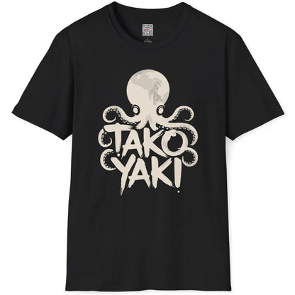 Black flatlay featuring dynamic octopus illustration entwined with takoyaki lettering, Japanese snack theme.