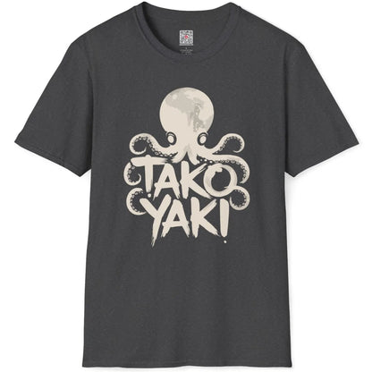 Dark heather flatlay of octopus tentacles framing takoyaki text, expressive brushstroke art, anime octopus.