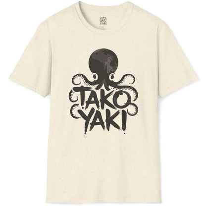 Natural fabric flatlay with friendly octopus and takoyaki letters, Japanese food shop style, cool design.