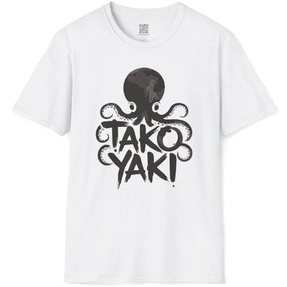 White t-shirt flatlay showing octopus and takoyaki text in bold brushstroke, creative food t-shirt design.