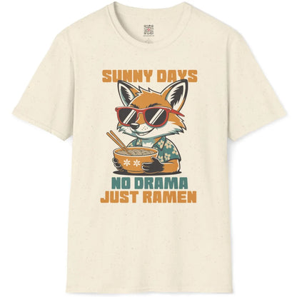 Natural fabric flatlay of t-shirt with happy fox wearing flower-patterned teal shirt, holding ramen bowl.