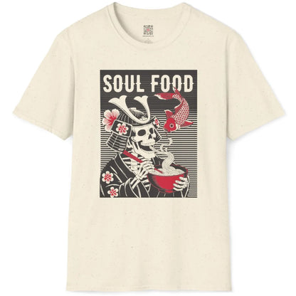 Natural fabric t-shirt flatlay featuring stylized samurai skeleton with ramen bowl and Japanese koi fish.