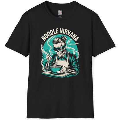 Black t-shirt flatlay with skeleton chef in red shirt eating ramen from red bowl, bold graphic.