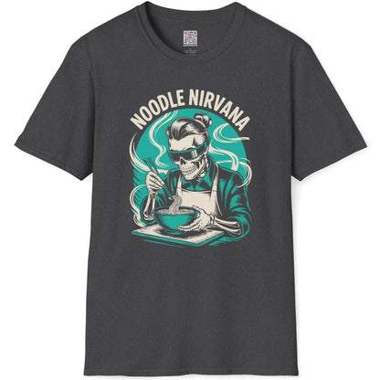 Dark heather t-shirt flatlay showing whimsical skeleton with topknot enjoying ramen bowl.