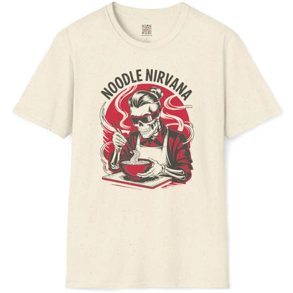 Natural t-shirt flatlay featuring skeleton with topknot and red sunglasses eating ramen noodles.