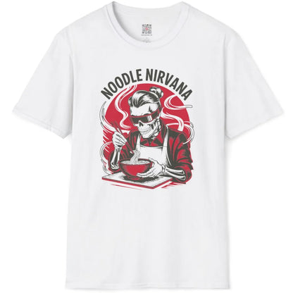 White t-shirt flatlay displaying skeleton with stylish red sunglasses eating ramen noodles.