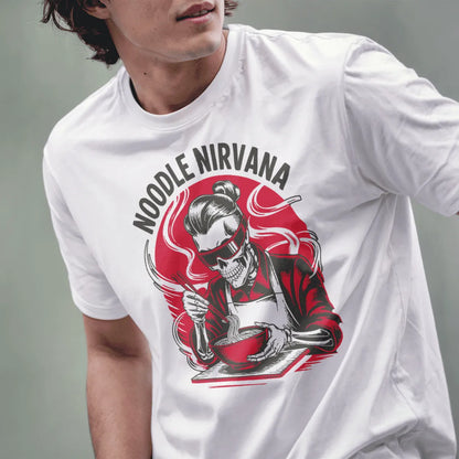 Male model in white tee shows skeleton with topknot and red shades eating steaming ramen.
