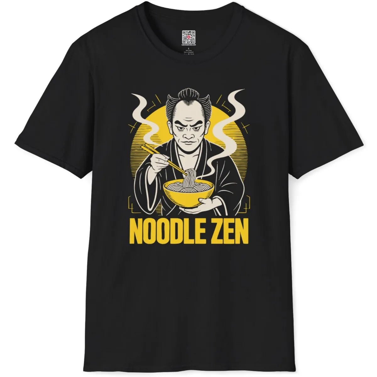 Black t-shirt flatlay featuring a vintage-style samurai eating ramen with minimal yellow and black details.