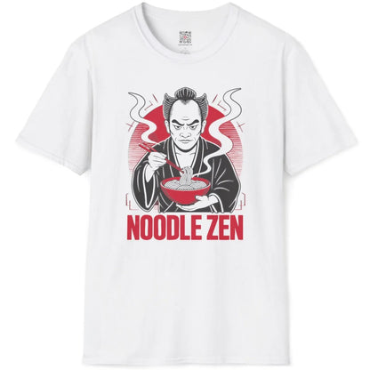 White t-shirt flatlay displaying a black and white samurai with chopsticks and red rising sun graphic.