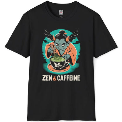 Black t-shirt flatlay with bold graphic of winged oni whisking green matcha in a stylized Japanese zen art style.