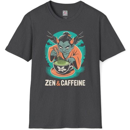 Dark heather t-shirt flatlay showing cartoonish winged oni whisking matcha, blending zen art and vintage style.