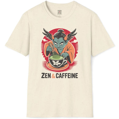 Natural color t-shirt flatlay with playful teal oni character whisking matcha under bold red sun circle.