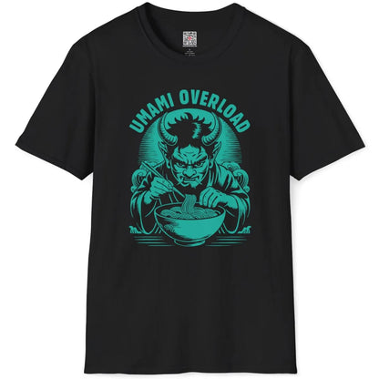 Black flatlay tee with bold red oni mask and noodles design, stylized Japanese ramen scene.