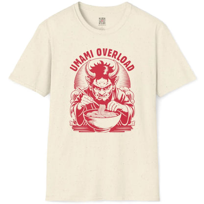 Natural fabric tee flatlay with red Japanese demon mask eating ramen, swirling smoke background design.