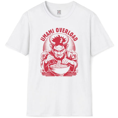 White flatlay tee displaying red oni demon in traditional robes eating ramen, artistic Japanese flair.