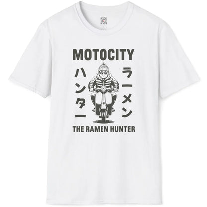 White flatlay with graphic tee showing scooter rider in winter jacket, retro style and ramen hunt theme.