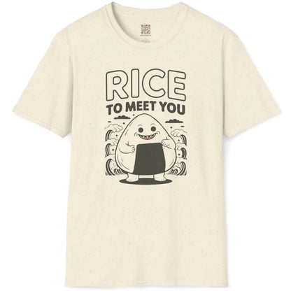 Natural shirt flatlay with cheerful onigiri snack character and stylized waves, stars, and clouds in the graphic.