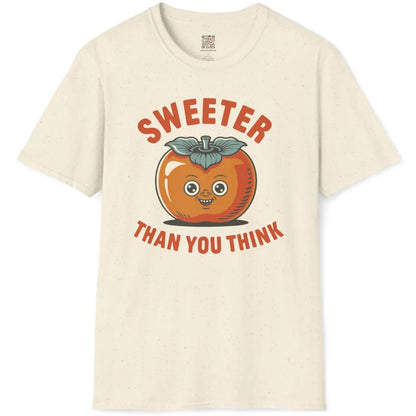 Natural color tee flatlay featuring retro persimmon character with orange tones and teal leaf crown, playful quote.