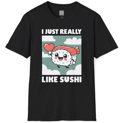 Flatlay black t-shirt with kawaii sushi, pink salmon, heart, and playful text, sushi shirt, whimsical illustration.