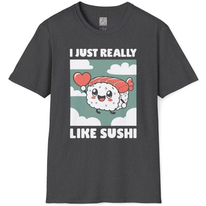 Flatlay dark heather t-shirt with kawaii sushi, heart, and clouds, sushi t-shirt, soft aesthetics, kawaii clothes.