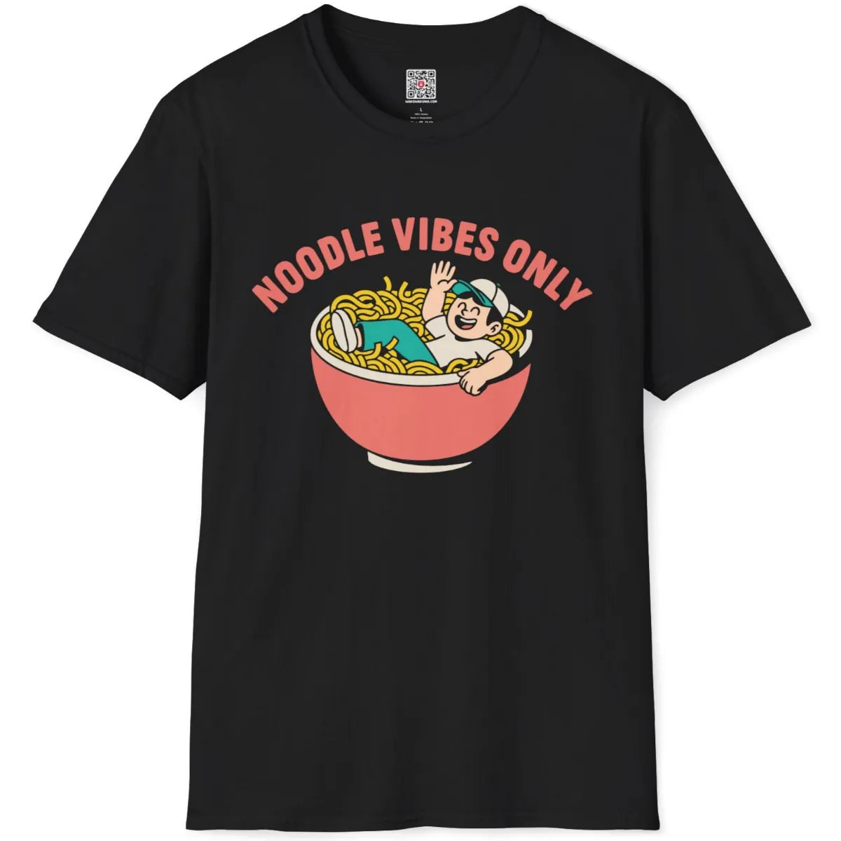 Black flatlay of ramen t-shirt showing cheerful person in golden noodles with "NOODLE VIBES ONLY" text.