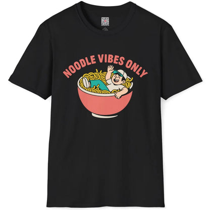 Black flatlay of ramen t-shirt showing cheerful person in golden noodles with "NOODLE VIBES ONLY" text.