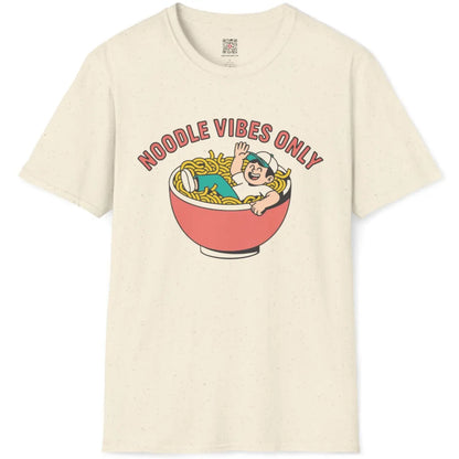 Natural fabric tee flatlay displaying playful ramen illustration with wave and joyful vibes.