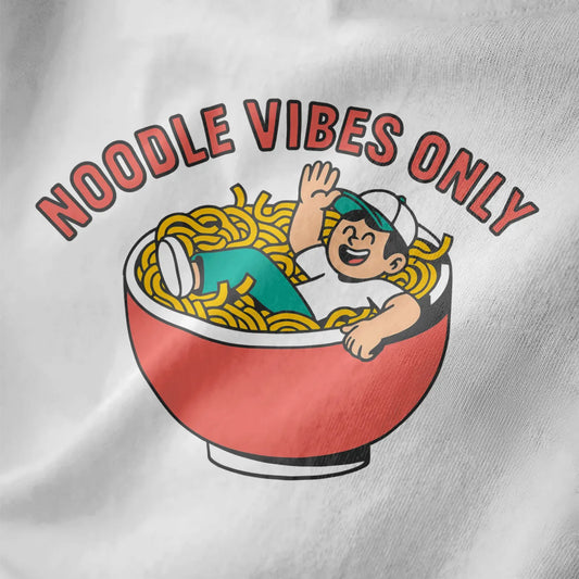 Close-up of cheerful cartoon person nestled in pink ramen bowl on white fabric, bright noodle colors.