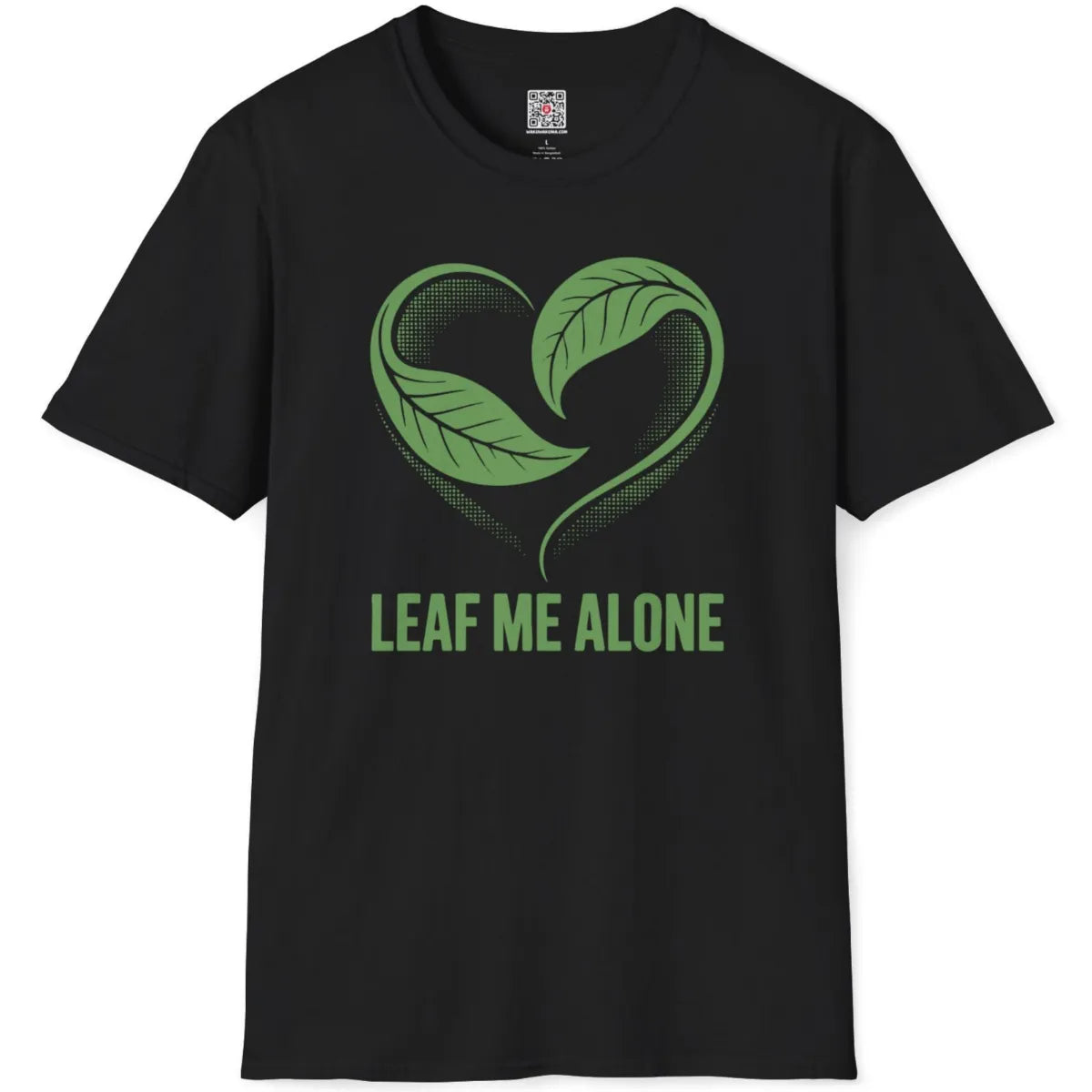 Black t-shirt flatlay showcases intertwined green leaves forming a heart, creative artwork and graphic shirt.