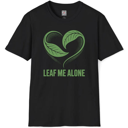 Black t-shirt flatlay showcases intertwined green leaves forming a heart, creative artwork and graphic shirt.