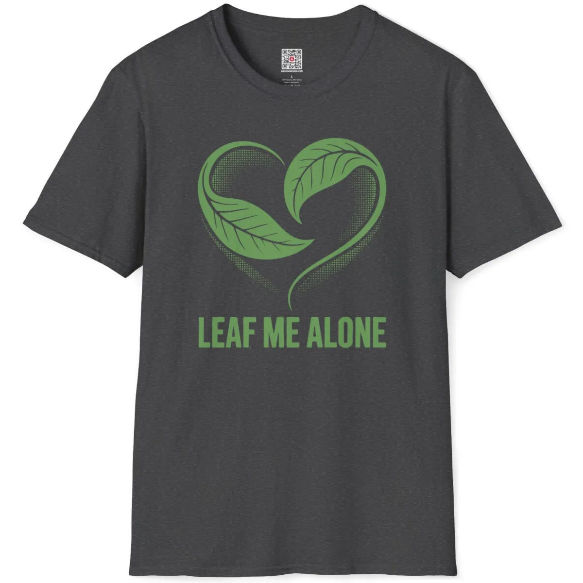 Dark heather shirt flatlay with green leaf heart and text evokes calming color palette and retro revival mood.