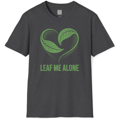 Dark heather shirt flatlay with green leaf heart and text evokes calming color palette and retro revival mood.