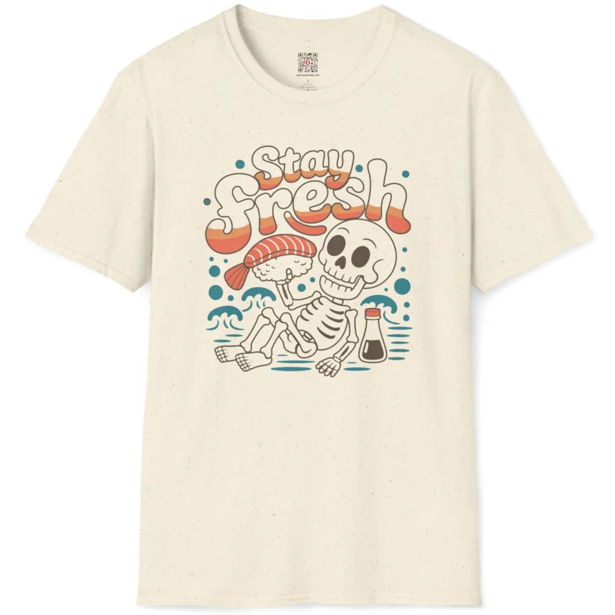 Natural shirt with quirky skeleton, nigiri sushi, and soy sauce, minimalist anime clothing.