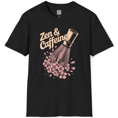 Black flatlay t-shirt with vibrant orange "Zen & Caffeine", chasen whisk, and scattering sakura art.