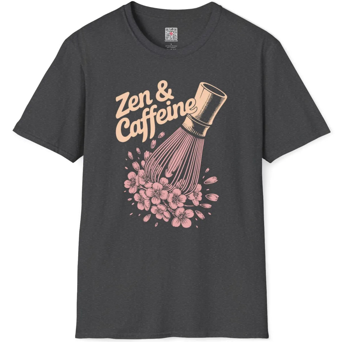 Dark heather t-shirt flatlay with tranquil cherry blossom design, modern orange text, and artistic brush strokes.