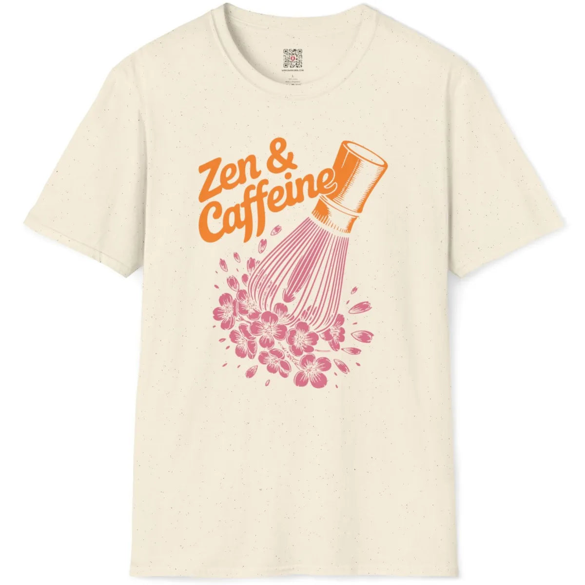 Natural shirt flatlay with crafted design, orange matcha text, chasen, and soft sakura blossoms.