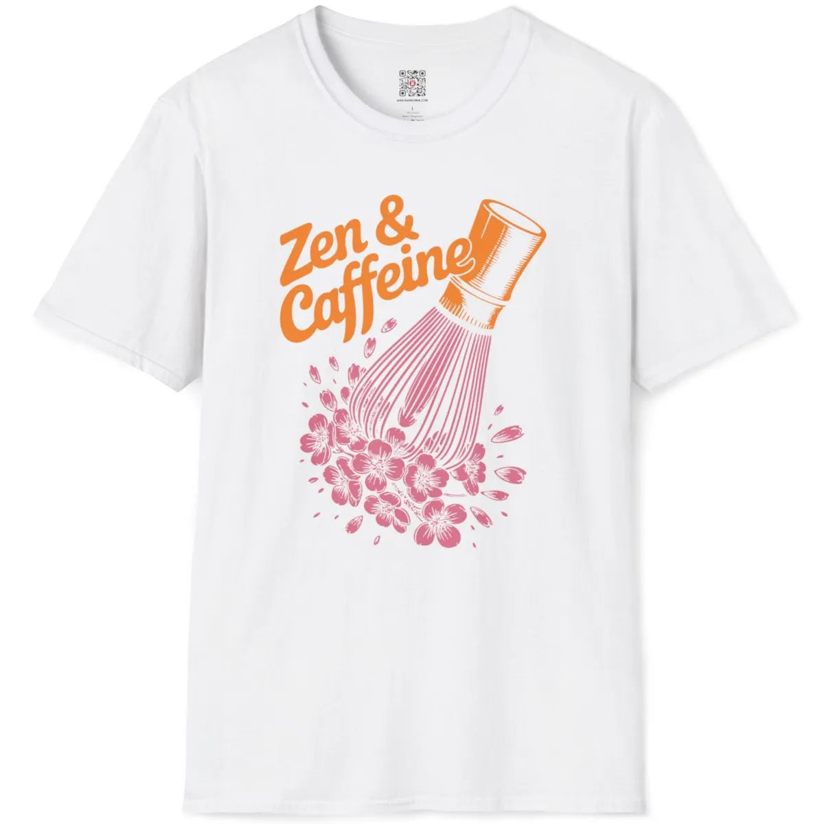 White flatlay with modern orange script, chasen whisk, and delicate pink cherry blossoms on the front.