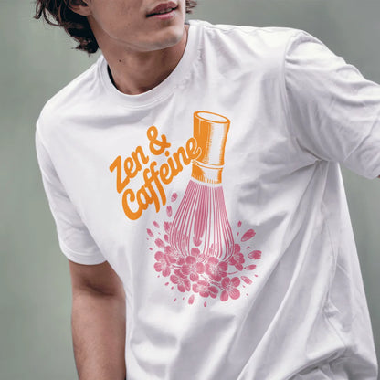 Male model in white t-shirt with zen-inspired orange text, bamboo matcha whisk, and falling cherry blossoms.