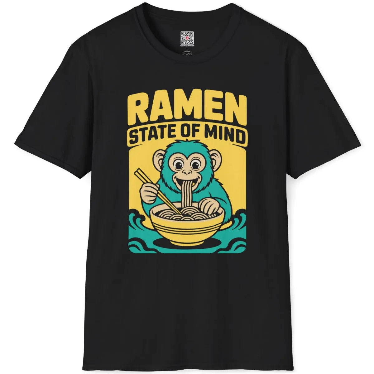 Flatlay black t-shirt with bowl of ramen cartoon monkey, playful, bold text fonts, graphic shirt.