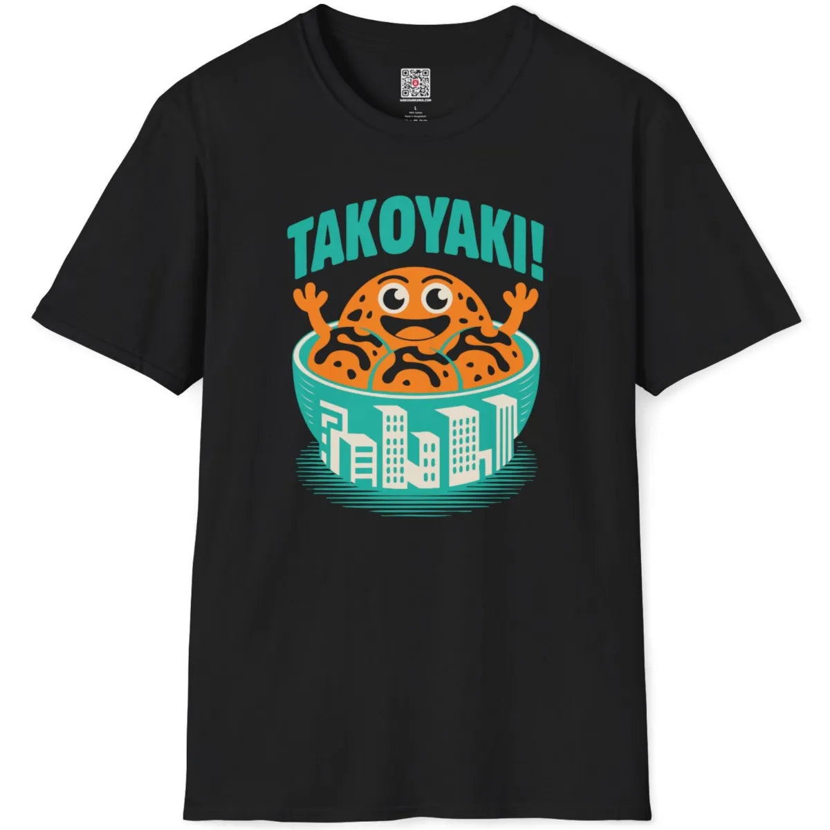 Black t-shirt flatlay with bright takoyaki bowl and city skyline graphic in cold colors.
