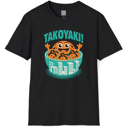 Black t-shirt flatlay with bright takoyaki bowl and city skyline graphic in cold colors.