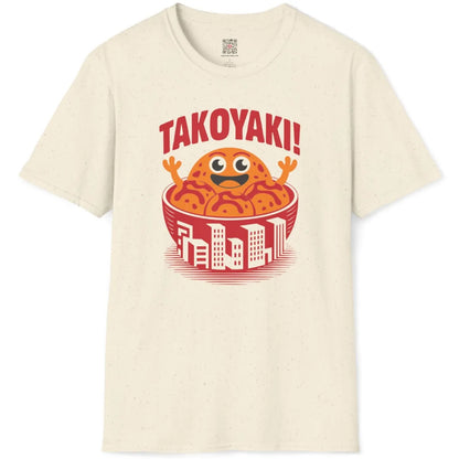 Natural fabric flatlay of playful takoyaki bowl shirt featuring urban cityscape design.
