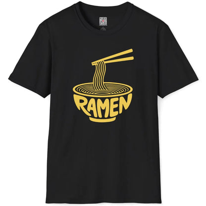 Black flatlay of t-shirt displaying red ramen bowl graphic with clean lines and bold text.