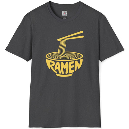 Dark heather flatlay of t-shirt featuring vivid red ramen bowl print with rounded font.