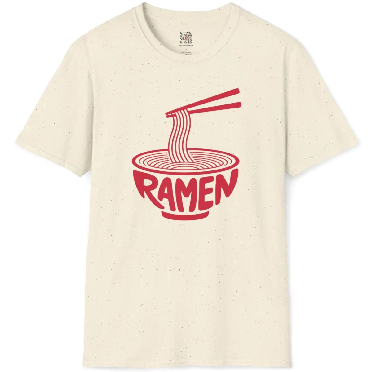Natural flatlay of t-shirt with bright red ramen bowl illustration and chopsticks.