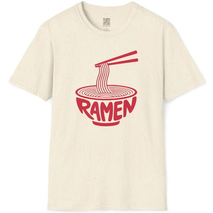 Natural flatlay of t-shirt with bright red ramen bowl illustration and chopsticks.